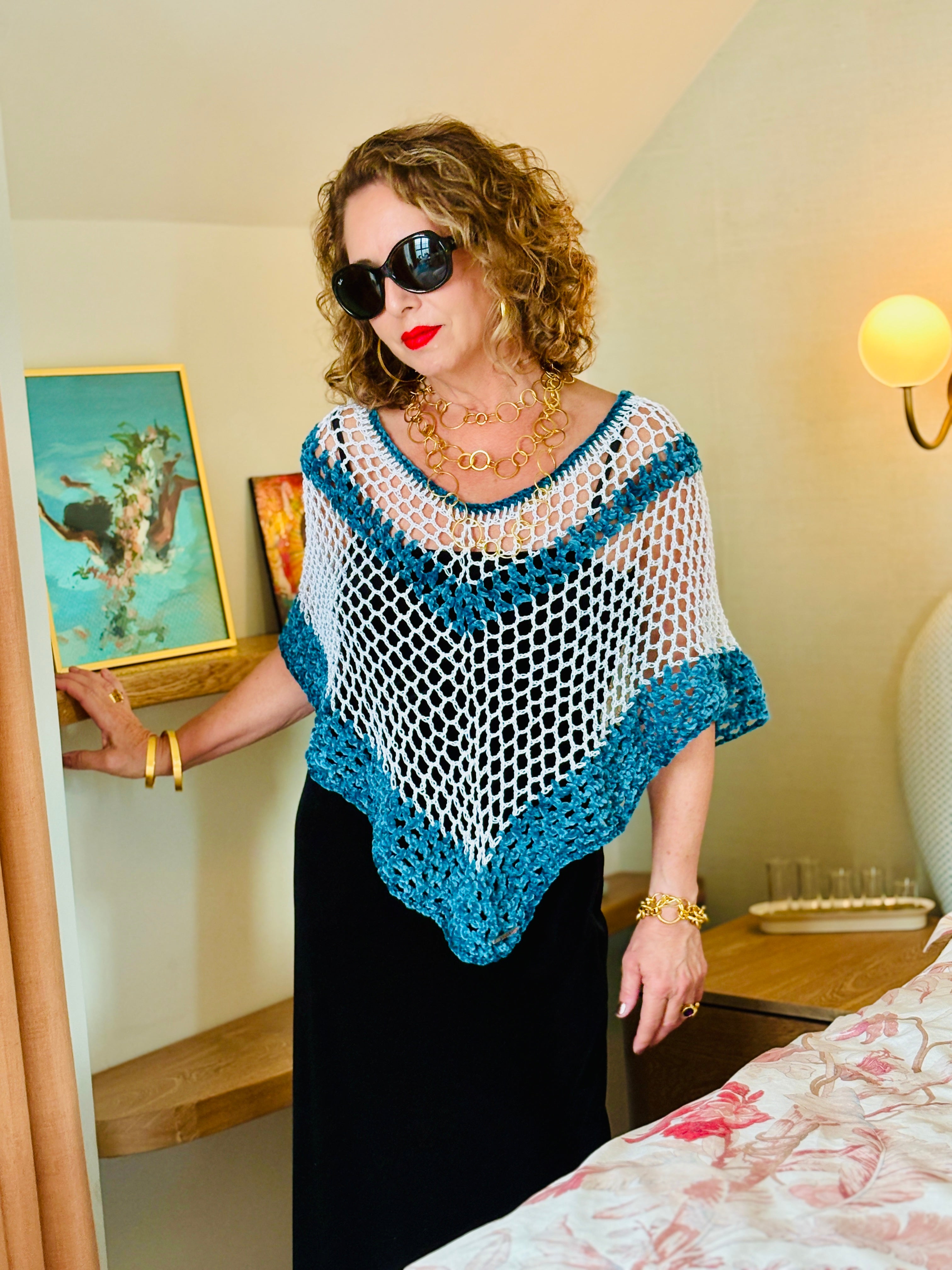 Designer blue velvet series poncho by Vega Fashion styled for elegant fashion look