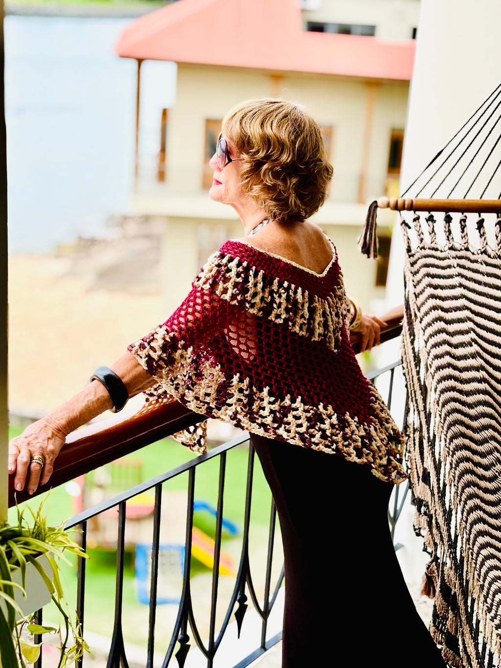 Designer bordeaux tiger series poncho by Vega Fashion styled outdoors