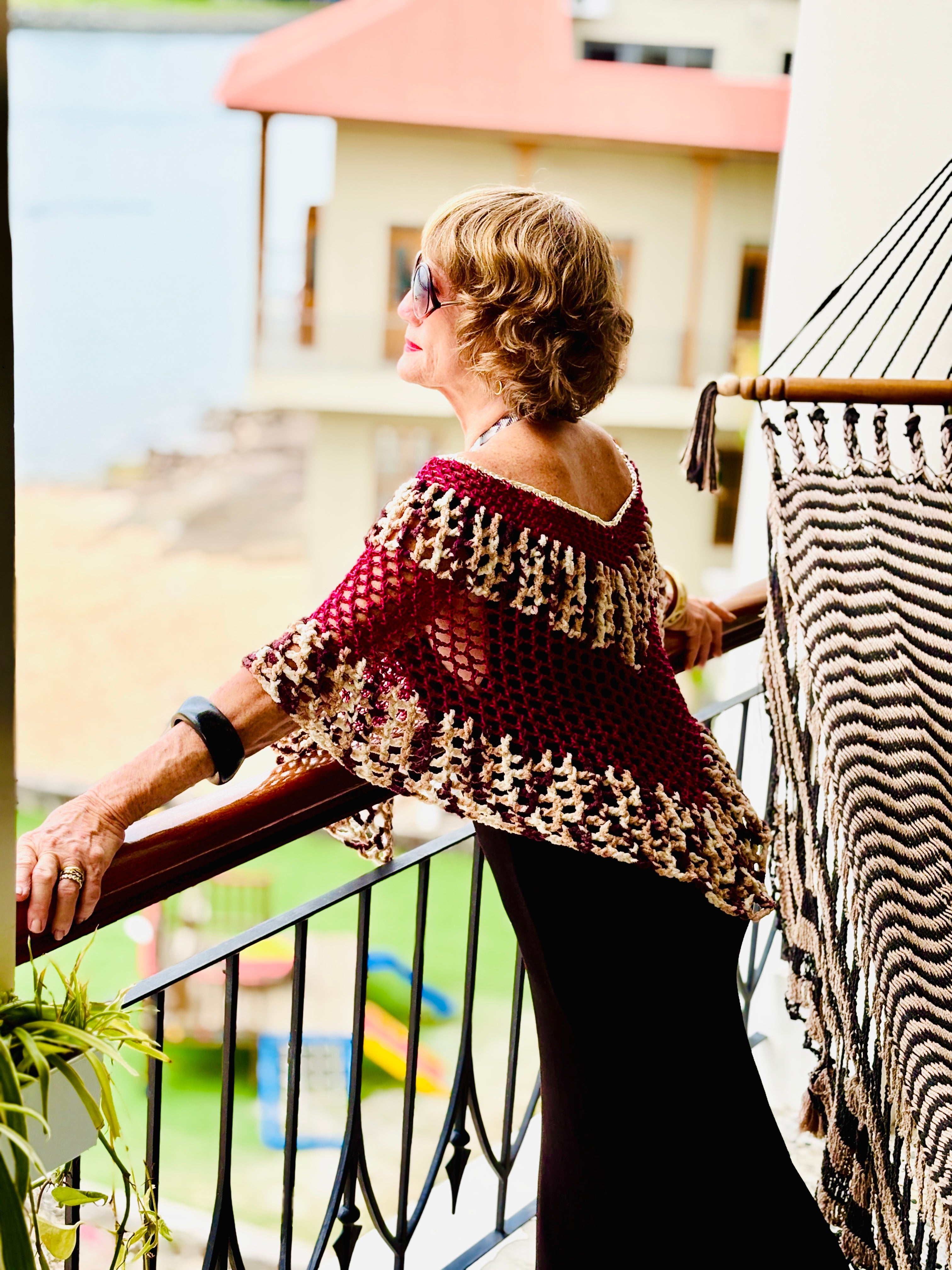Designer bordeaux tiger series poncho by Vega Fashion styled outdoors