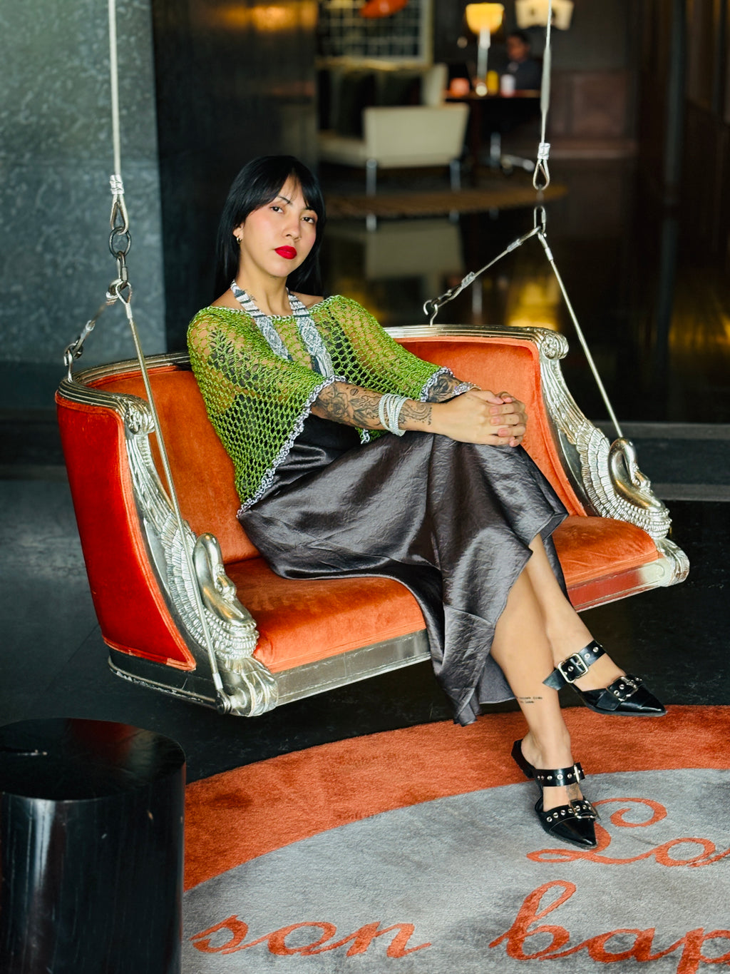 Full style view of green silver handmade poncho by Vega Fashion