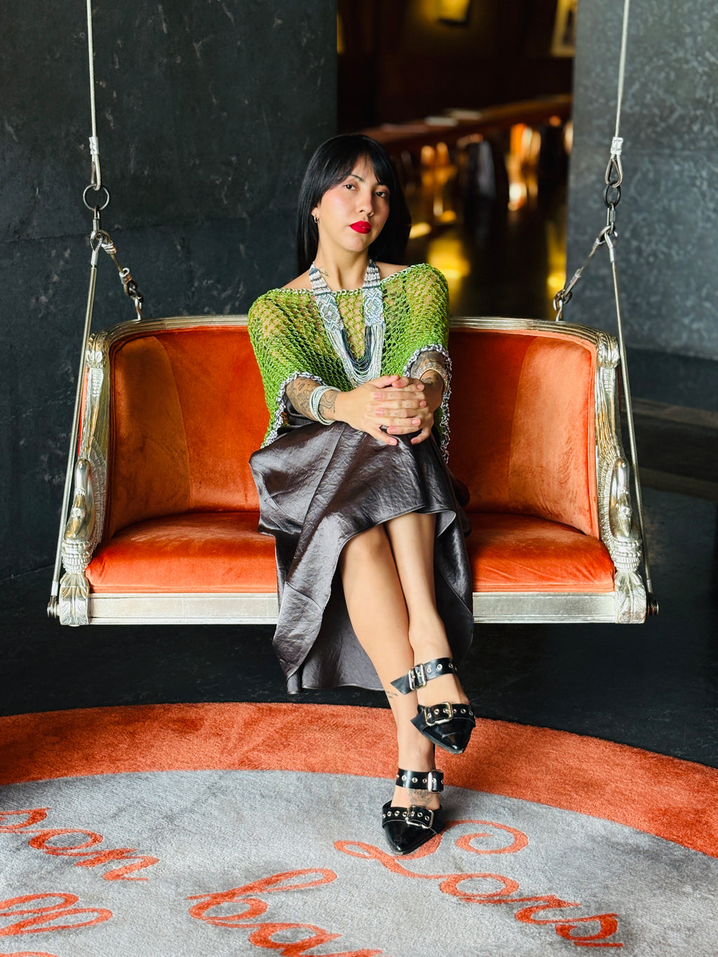 Modern fashion look with green silver crochet poncho