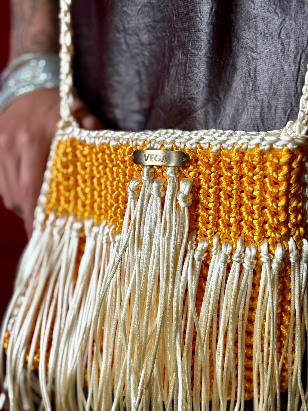 Close-up of handmade crochet handbag texture