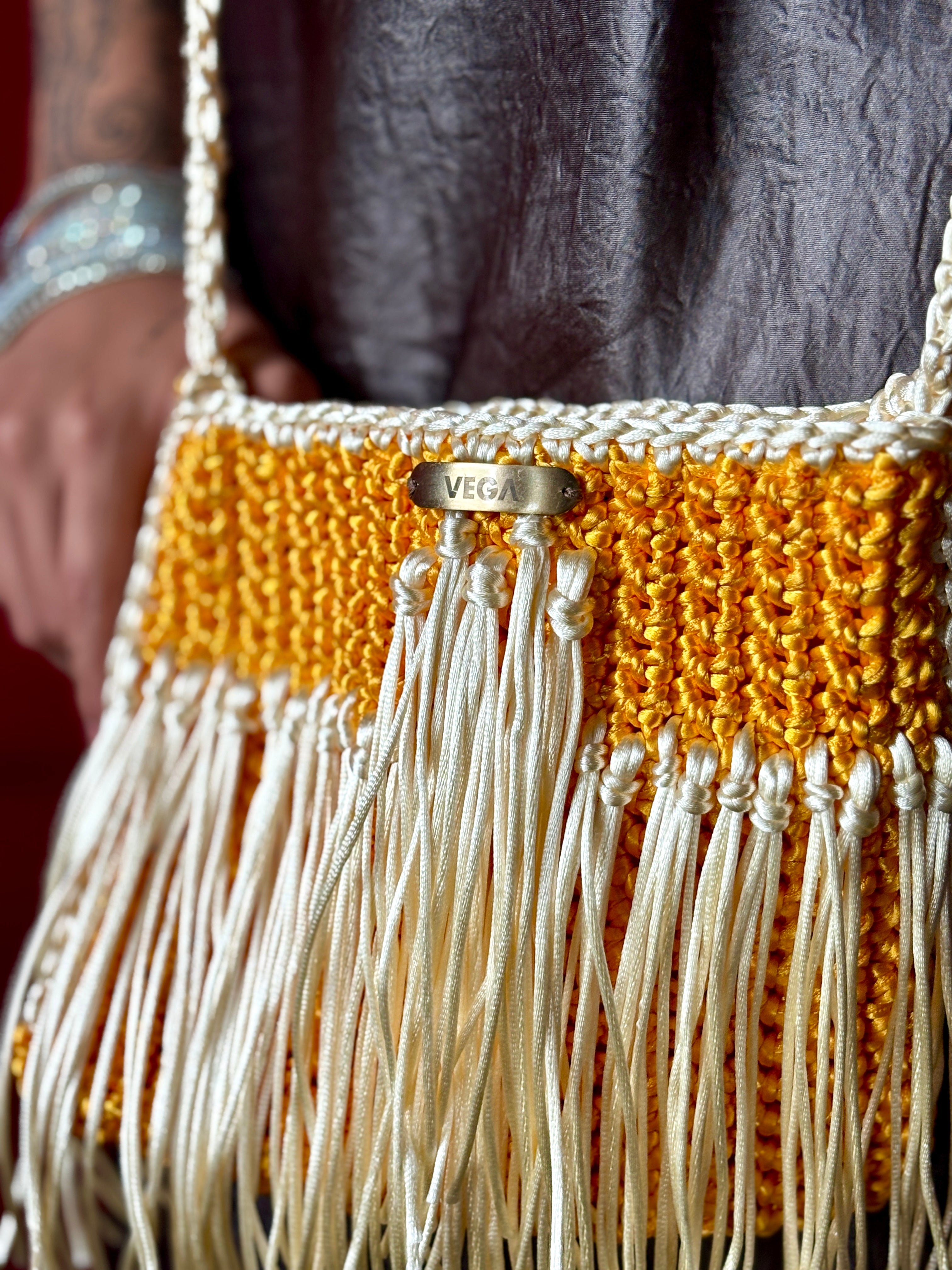 Close-up of handmade crochet handbag texture