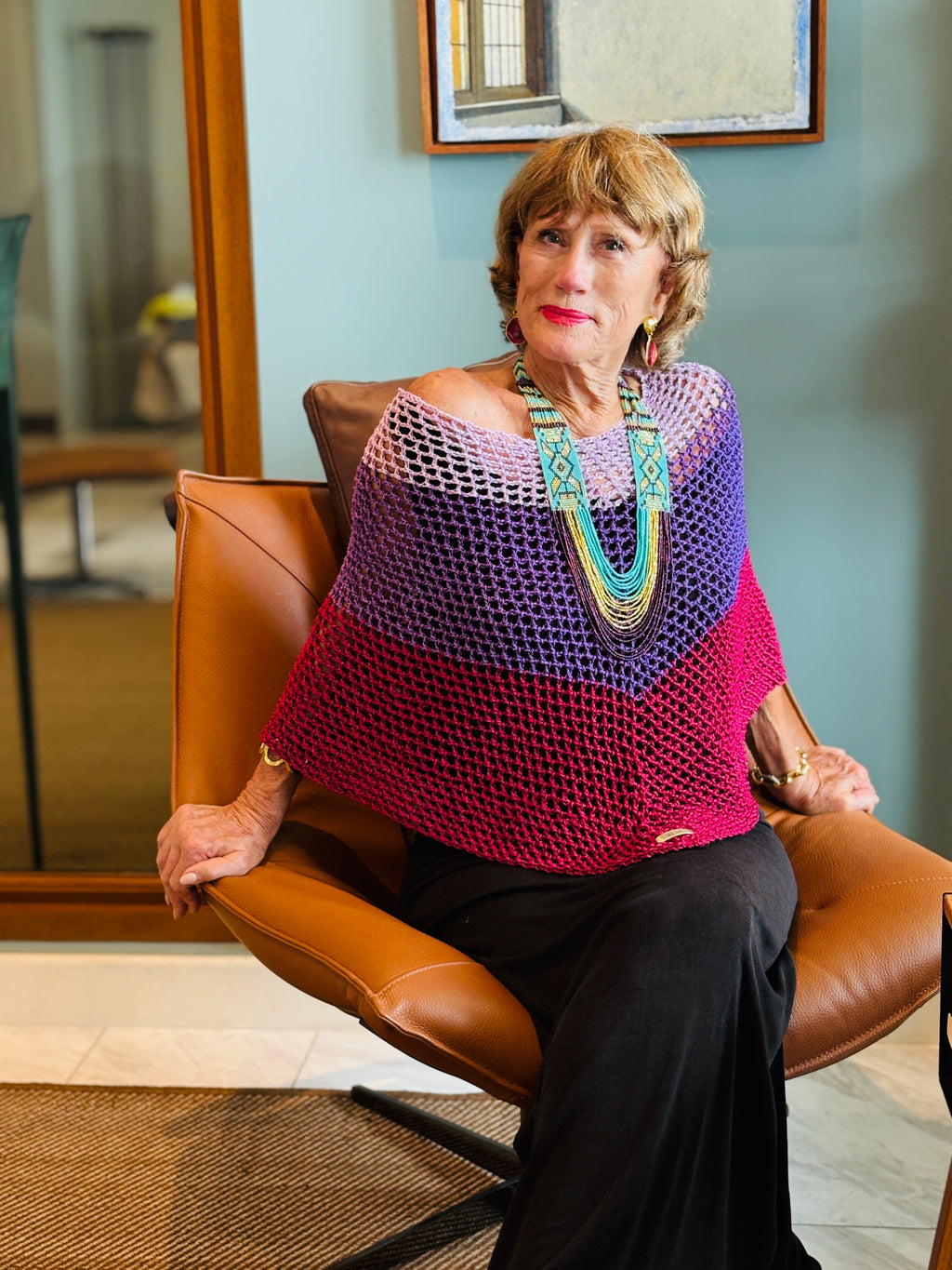 Handmade pink purple poncho by Vega Fashion