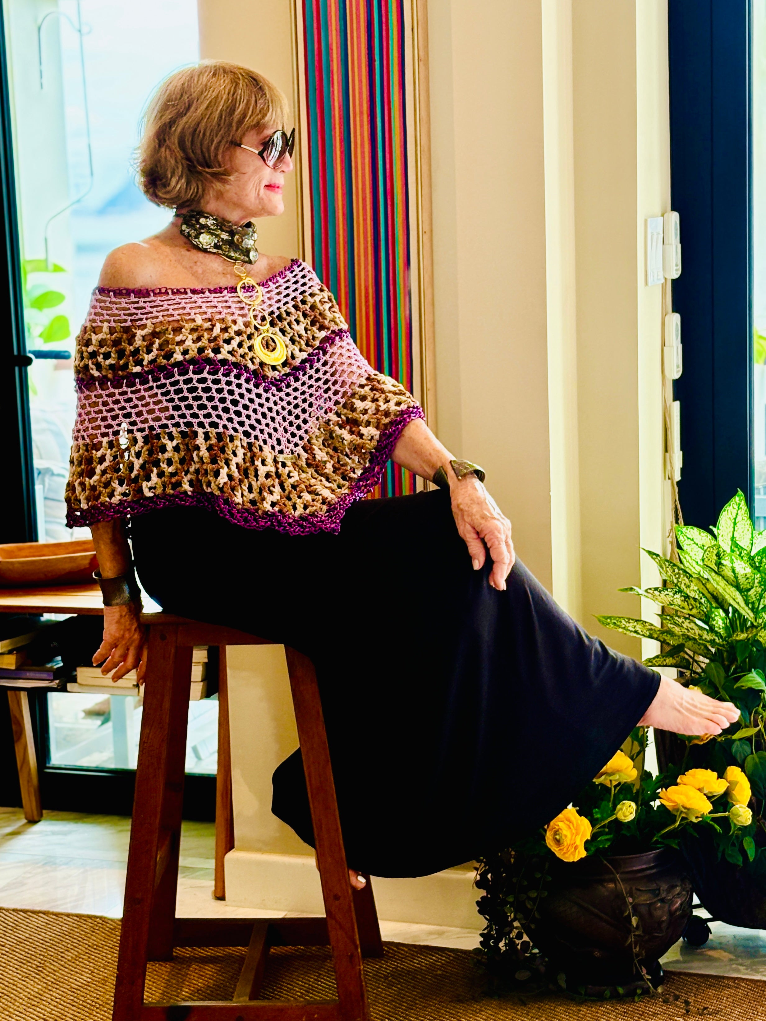Handmade tiger series purple poncho by Vega Fashion styled as statement piece