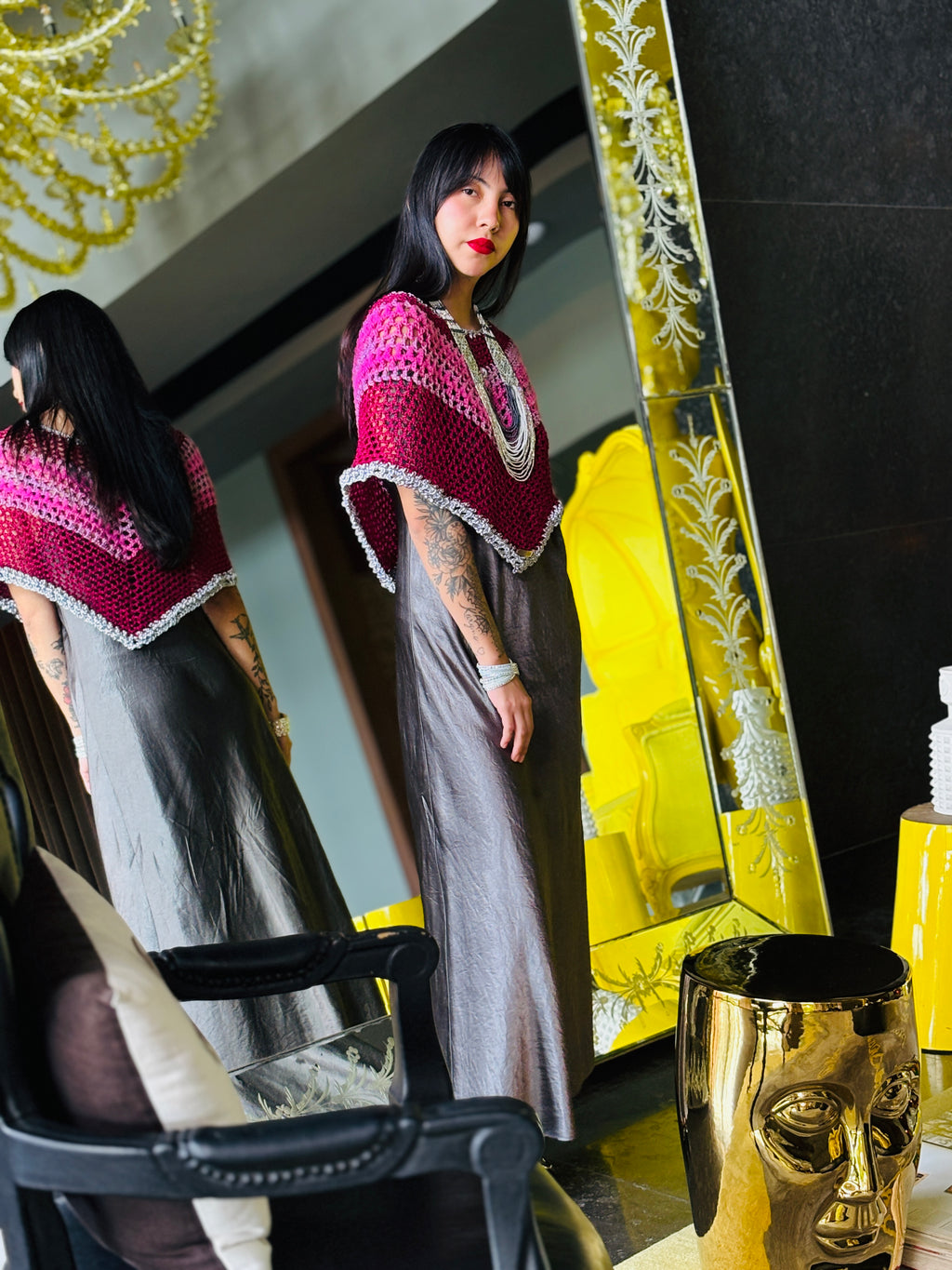 Designer pink rainbow poncho handcrafted by Vega Fashion
