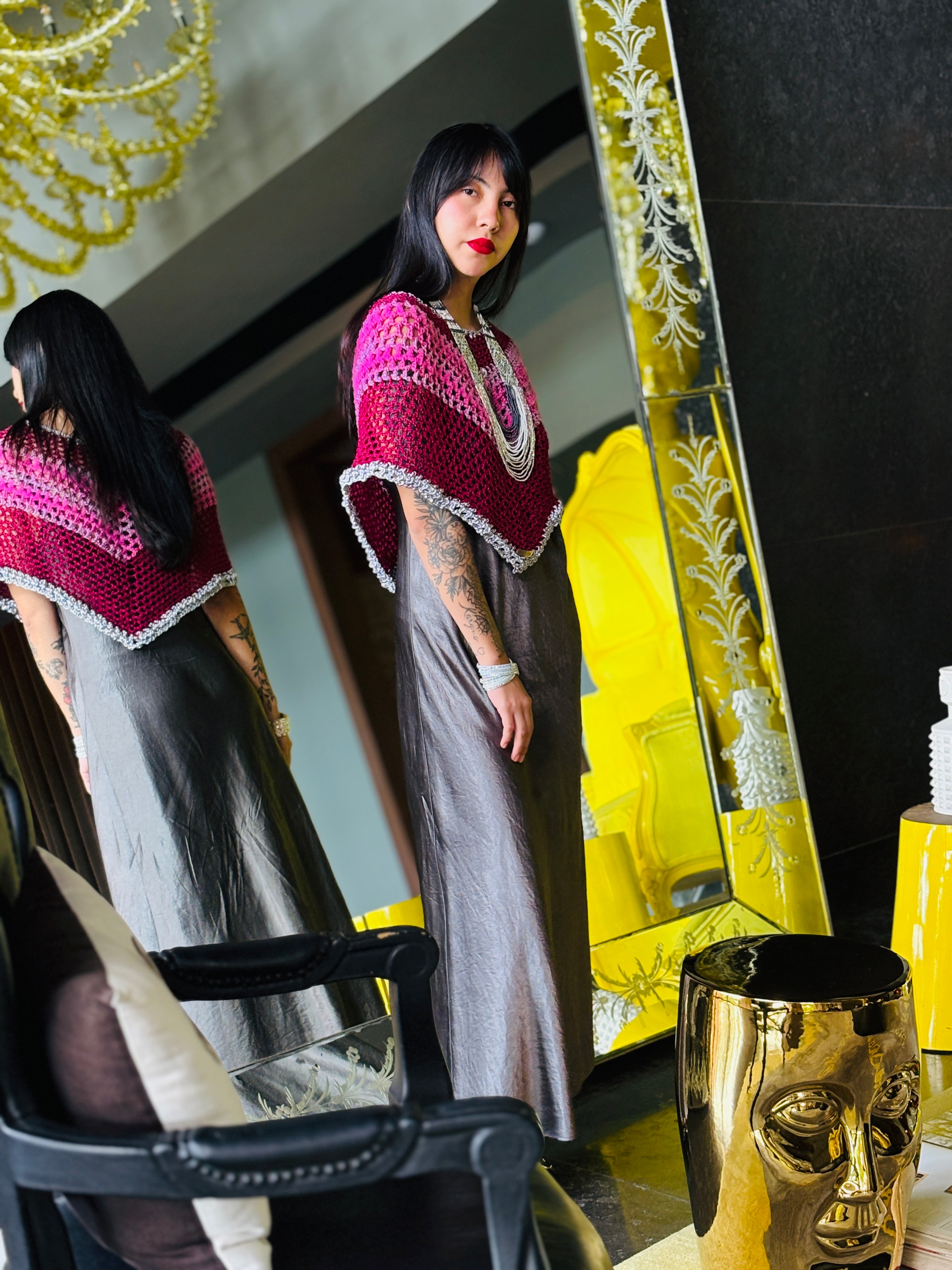 Designer pink rainbow poncho handcrafted by Vega Fashion