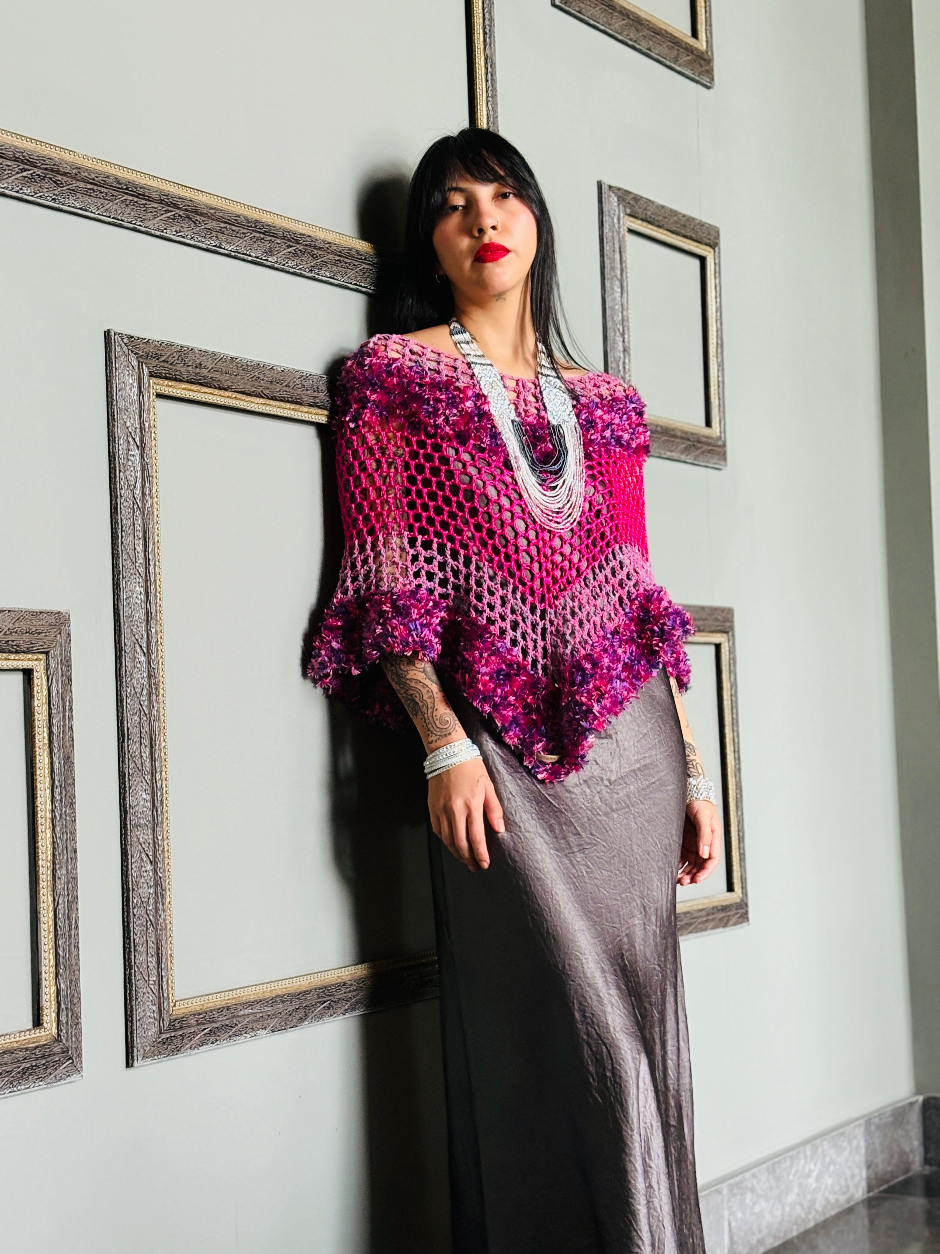 Full outfit look with elegant handmade poncho