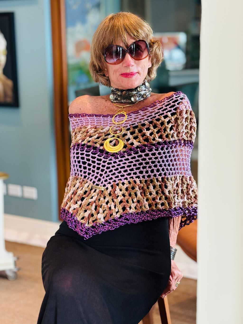 Front view of handmade tiger series purple poncho