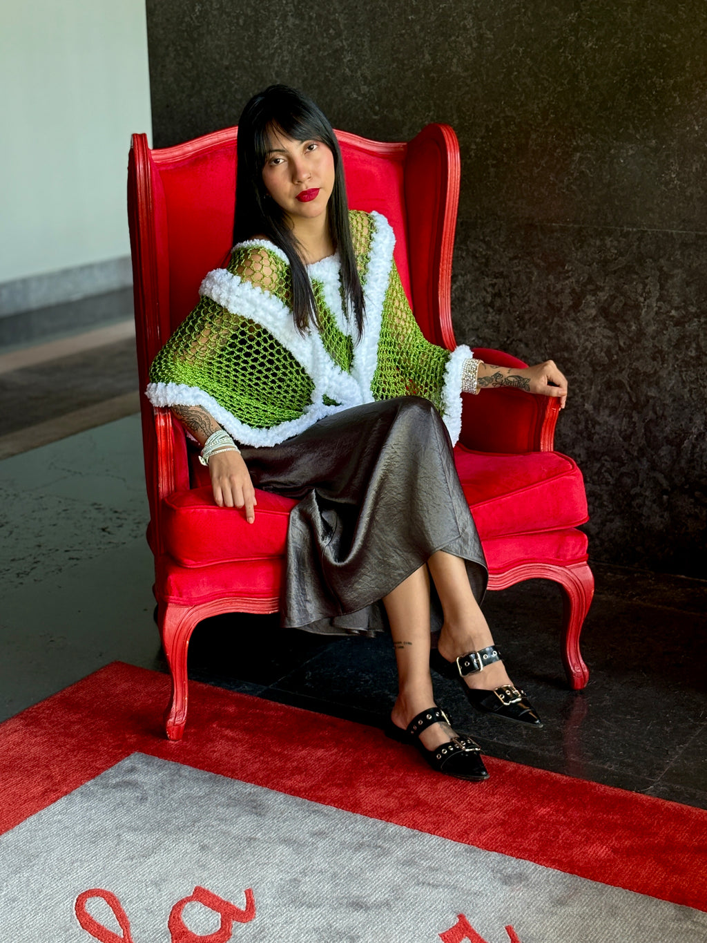 Unique Santa Claus crochet poncho with soft white fluffy detail