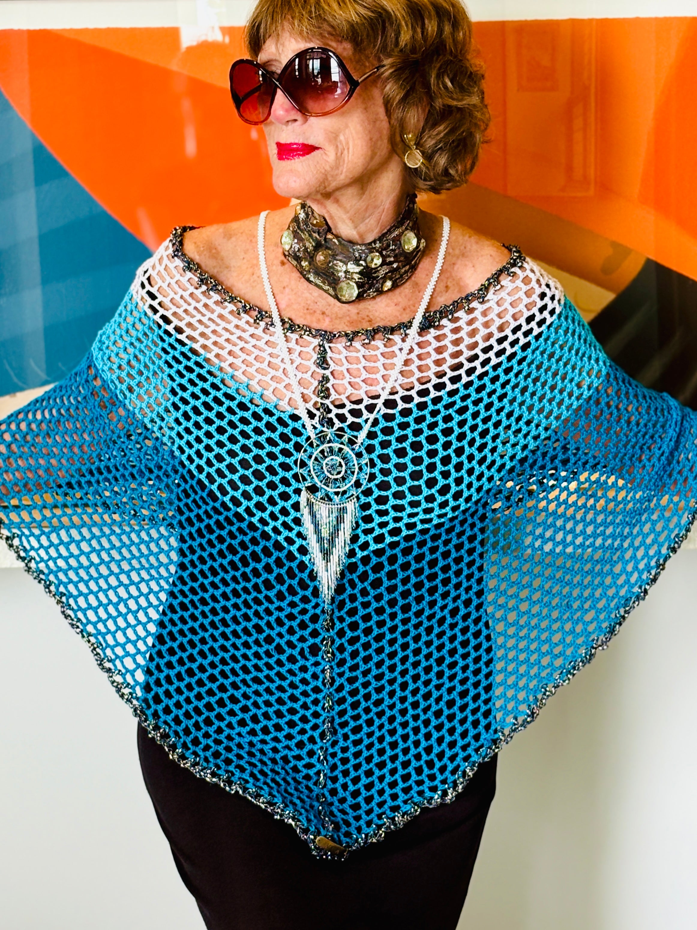 Stillwater handmade poncho by Vega Fashion styled on model