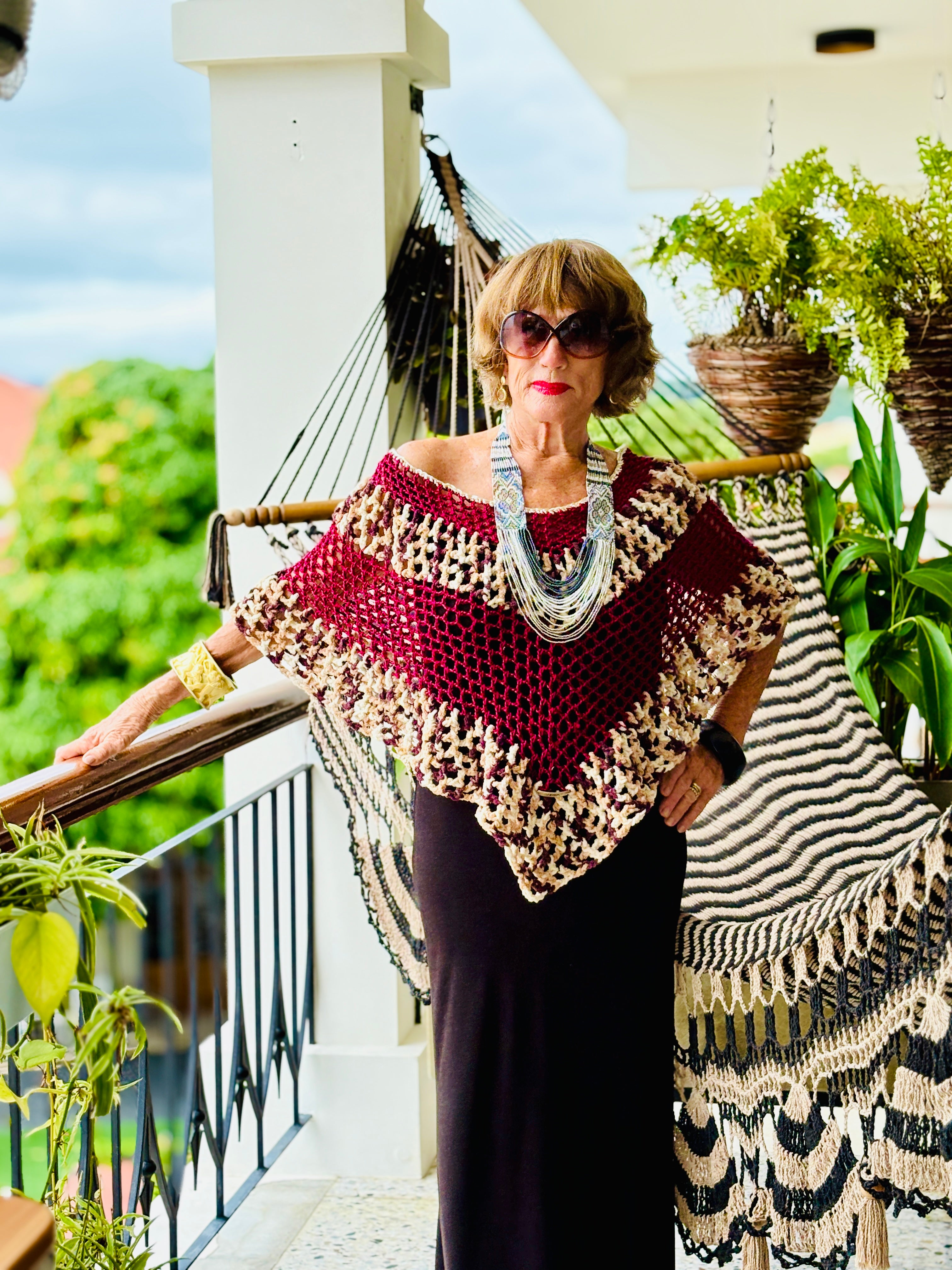 Bordeaux tiger series handmade poncho by Vega Fashion styled on model