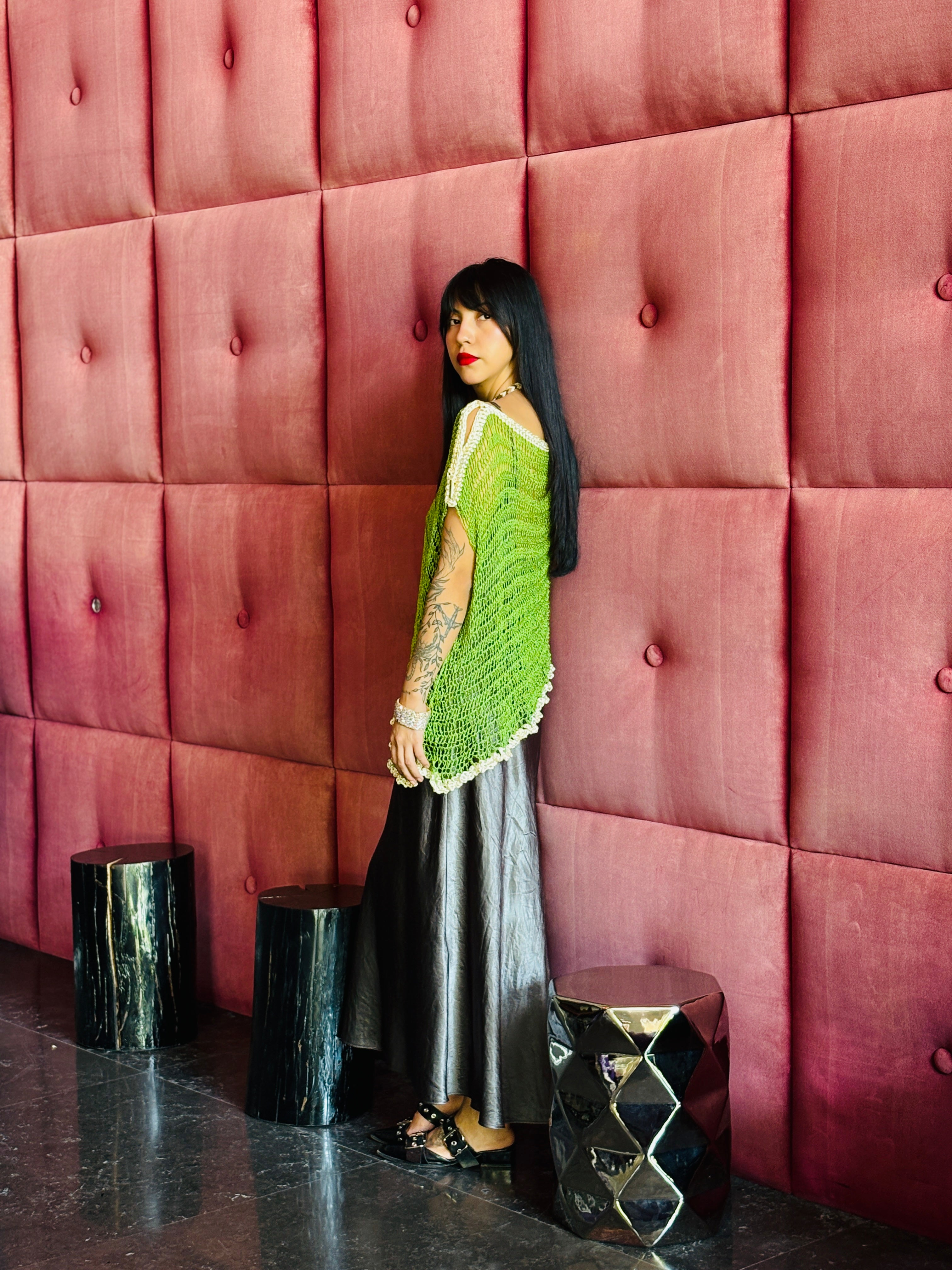 Unique handmade green asymmetrical poncho by Vega Fashion