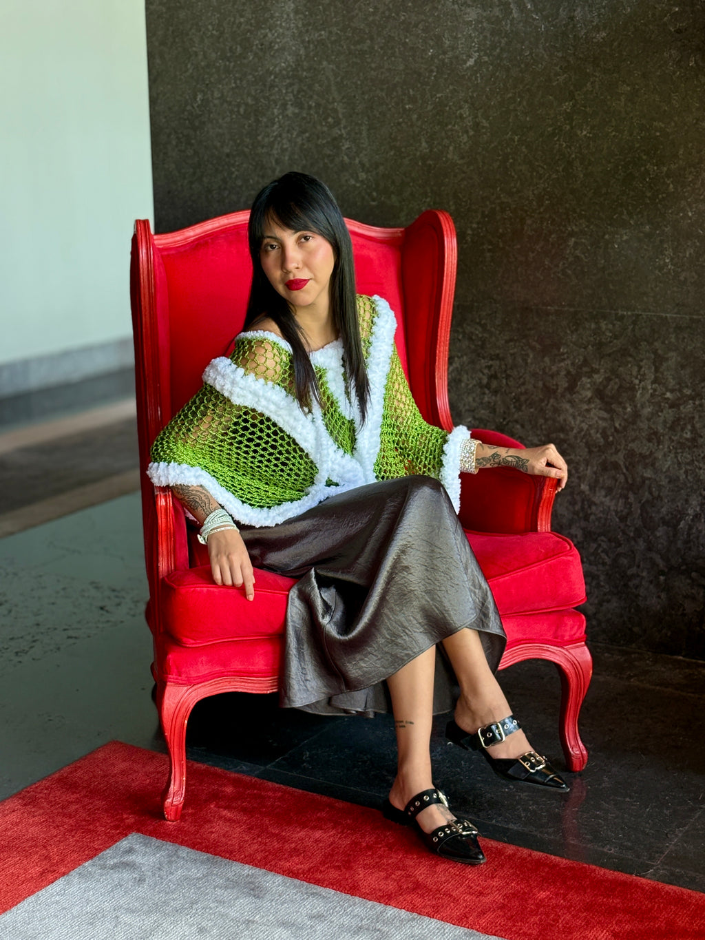 Unique Santa Claus crochet poncho with soft white fluffy detail