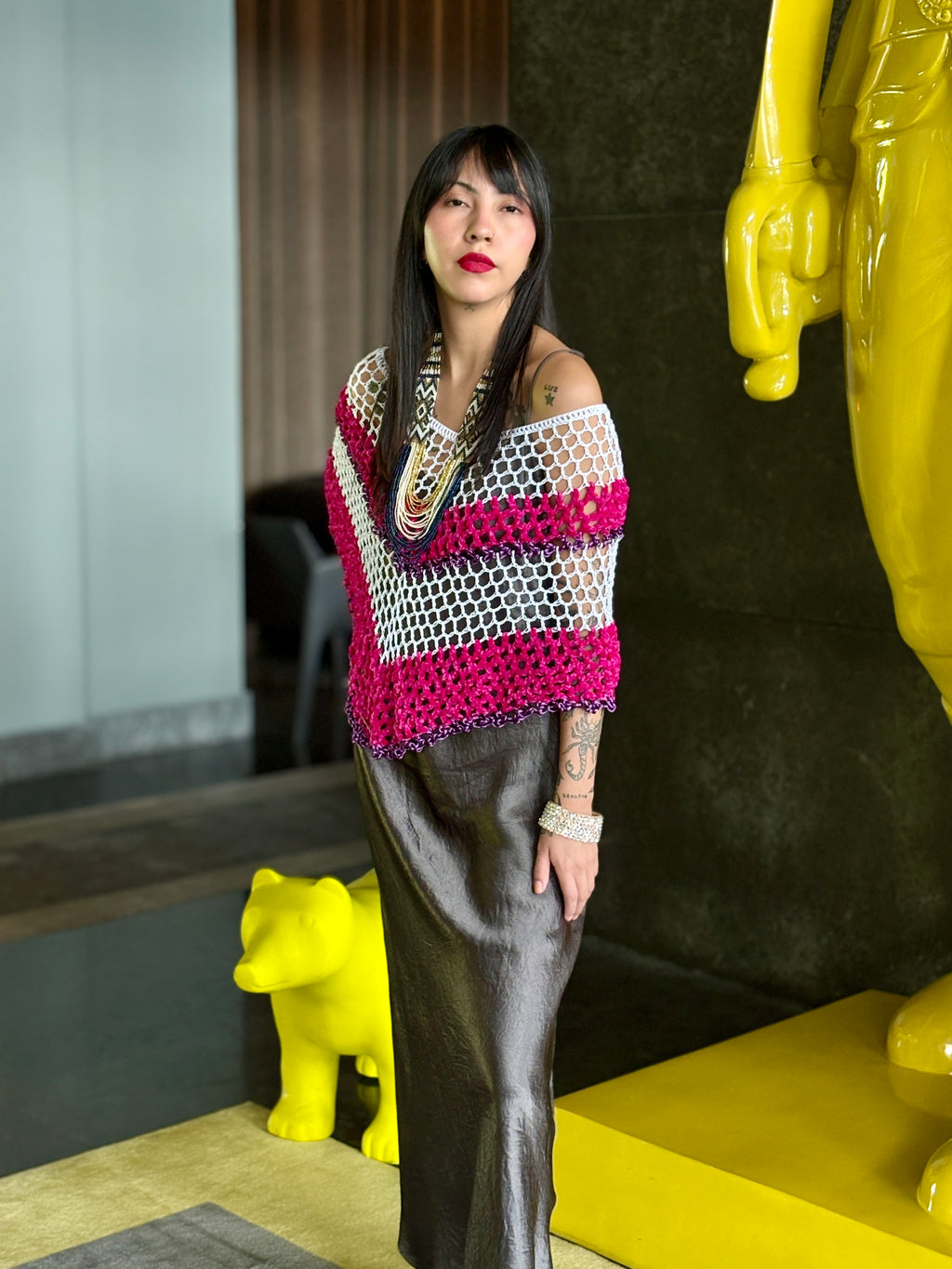 Pink velvet series handmade poncho by Vega Fashion styled on model