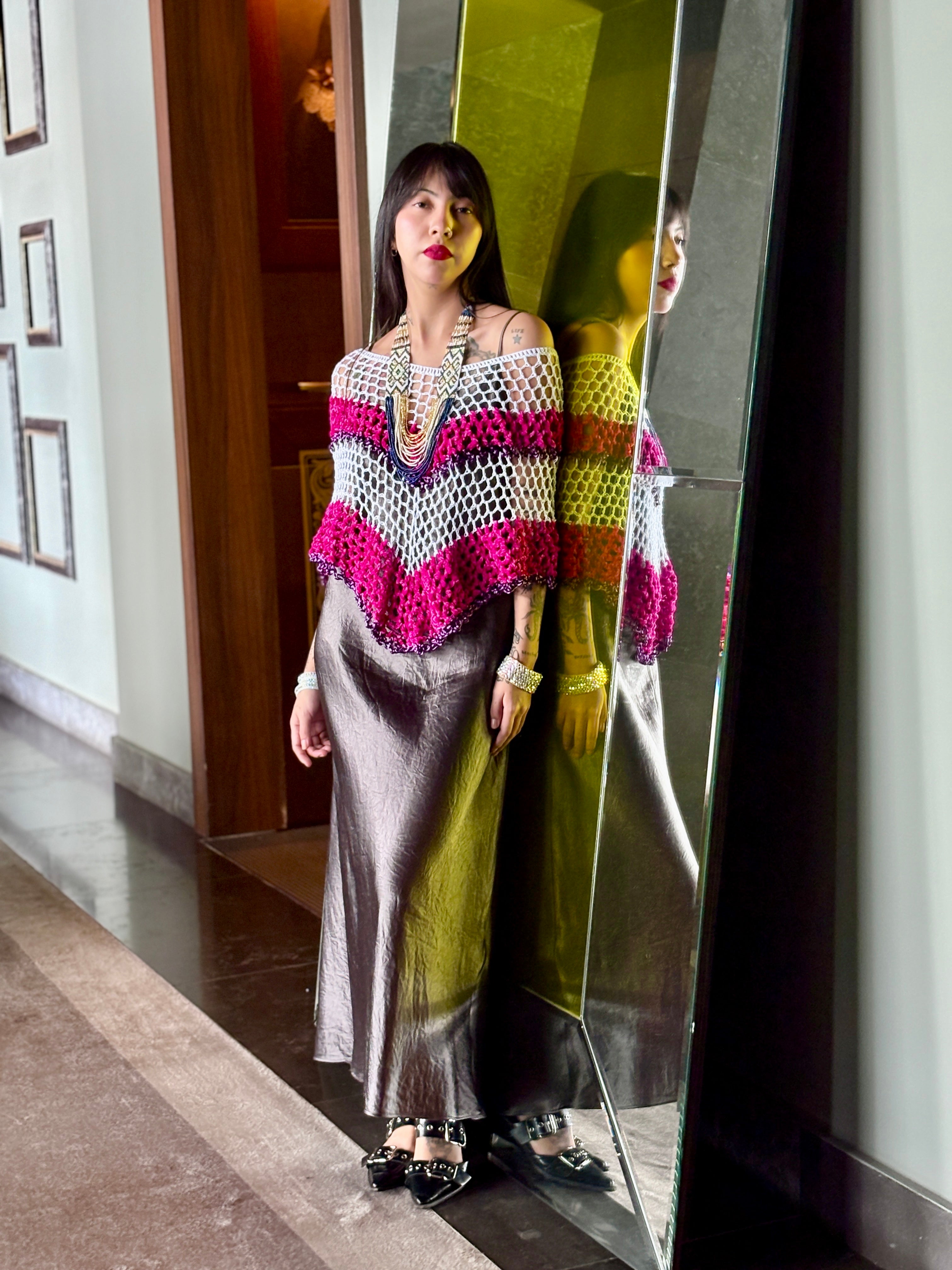 Front view of pink velvet series poncho by Vega Fashion